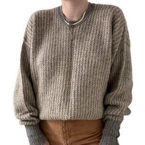 Vintage Jaeger 100% Alpaca Grey Tan Striped Soft Oversized Preppy Sweater Sz L
